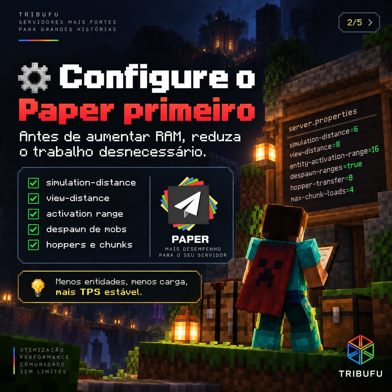 Configure o Paper: simulação, visão, entidades, funis e chunks